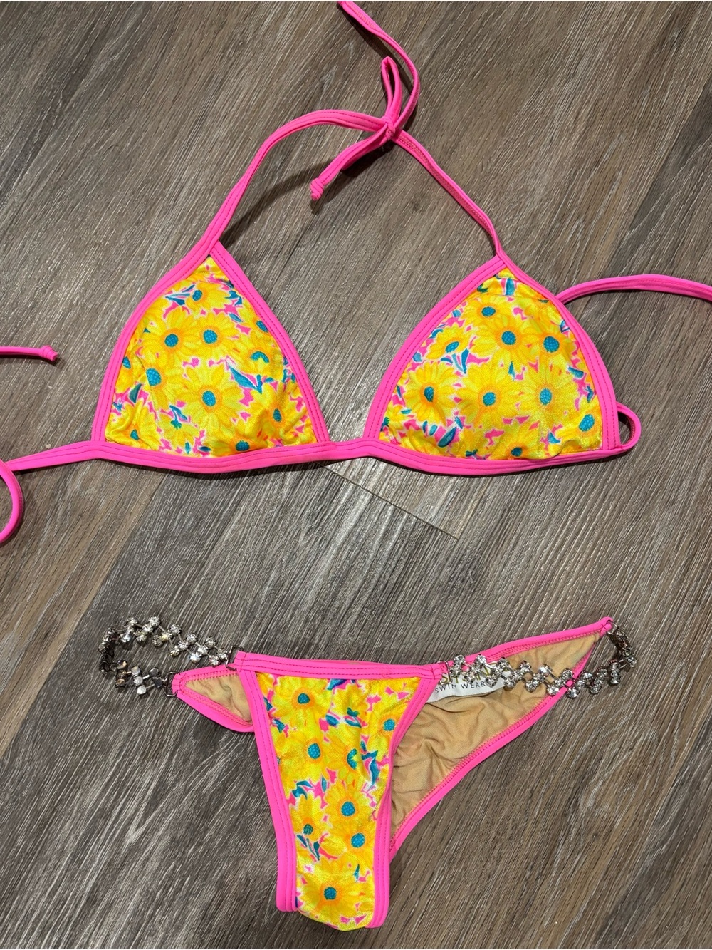 Ravish Sands Floral Yellow & Pink Bikini Set - Triangle Top & Beaded Bottom